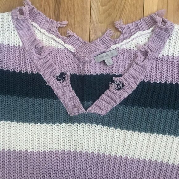 Wonderly Curvy Long Sleeve V Neck‎ Chewed Hem Sweater Purple Stripe Women's 2XL - Picture 2 of 8